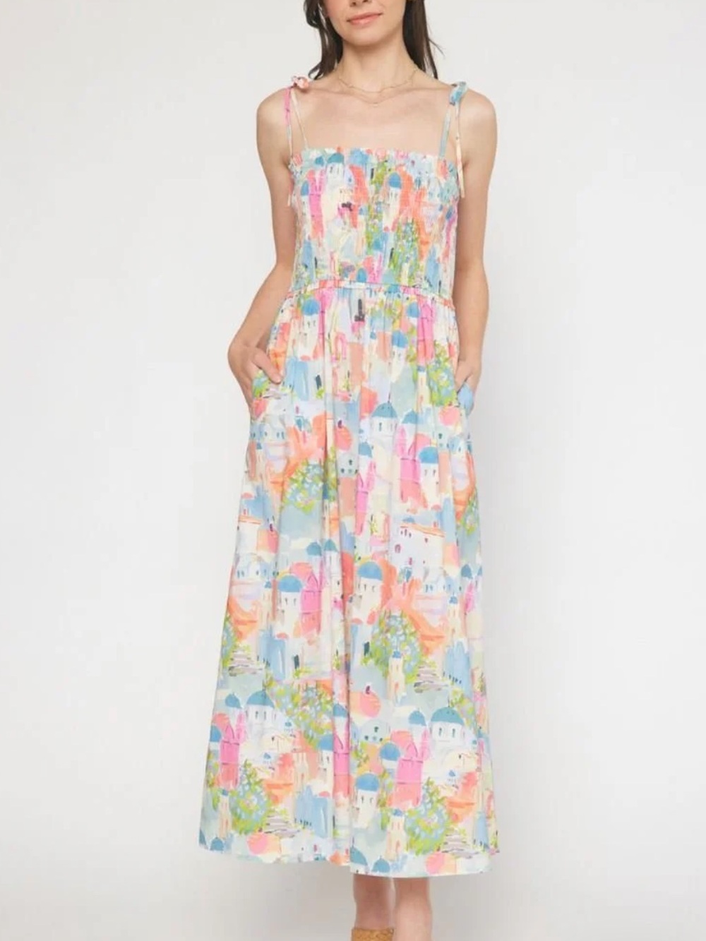 Entro abstract Multicolor Pastel Print Tie-Shoulder Midi Dress Medium